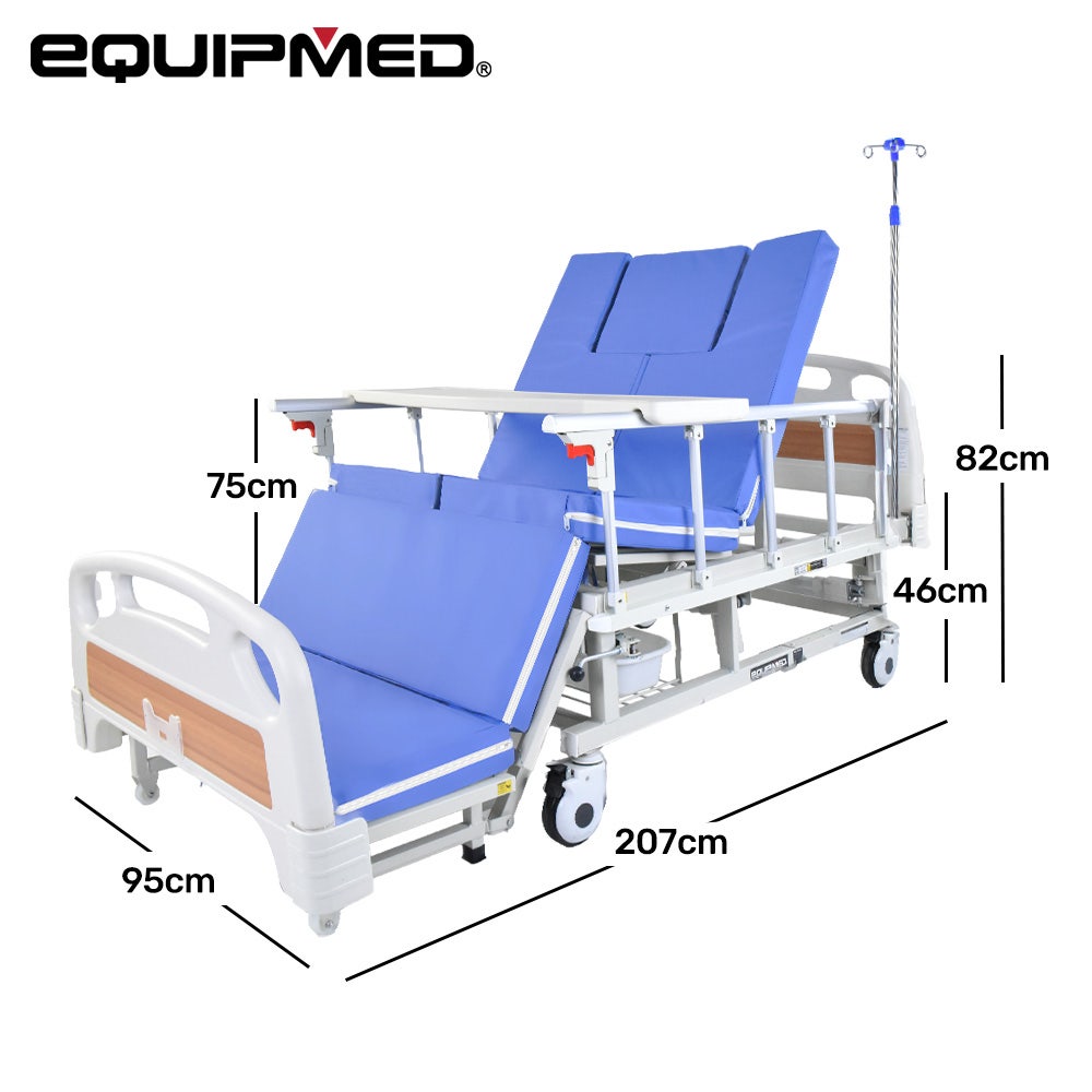 Sleeping Aids: EQUIPMED 7 Function Medical Bed, w/ Mattress & Over Bed Table, Adjustable Back and Leg Lifting, Lateral Tilting, Commode Bowl, IV Pole