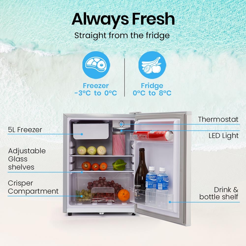 Camping Appliances: GECKO 70L Portable Bar Fridge and Freezer 12V/24V for Camping, Caravans, Silver
