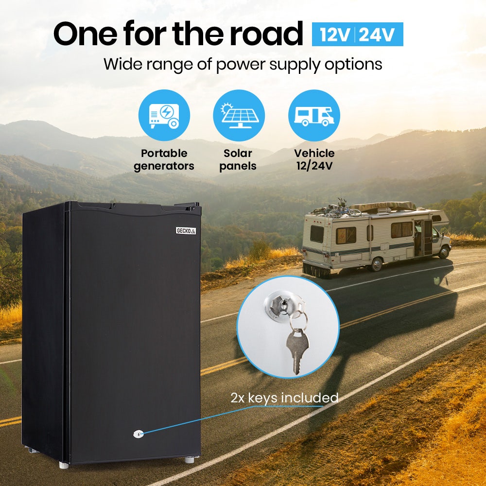 Camping Appliances: GECKO 95L Portable Upright Fridge and Freezer, 12V/24V for Camping, Caravans, Black
