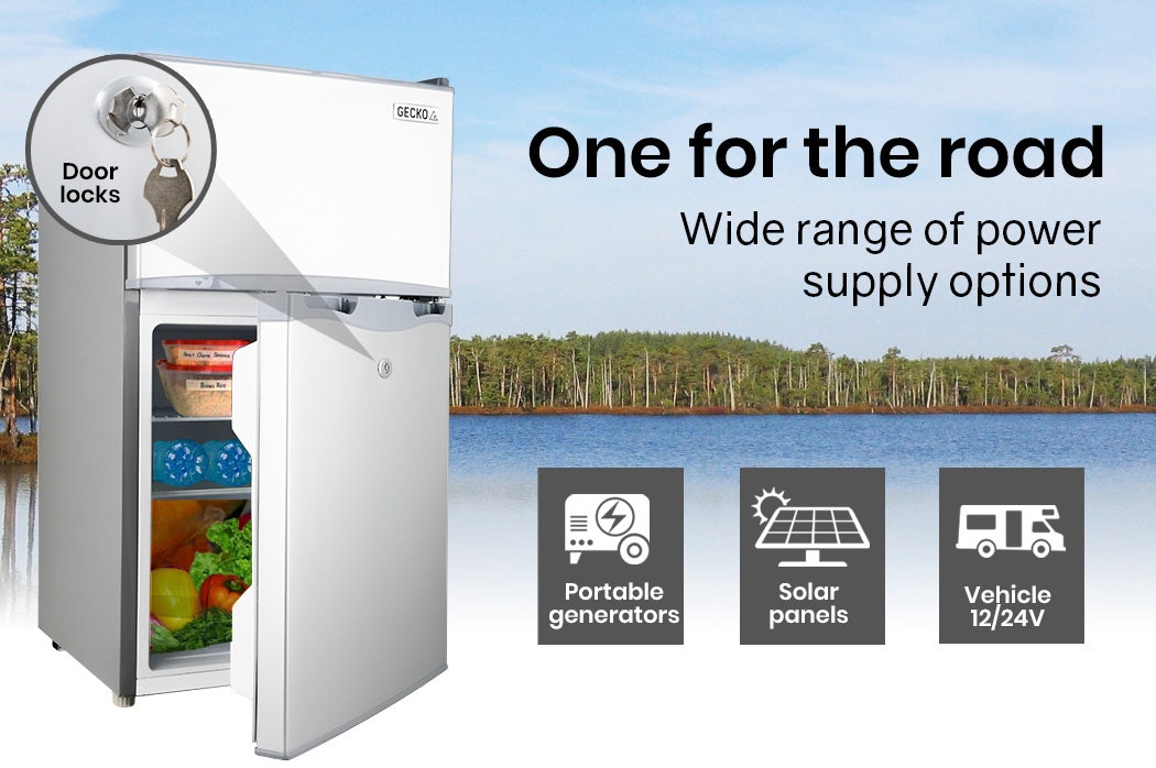 Camping Appliances: GECKO 95L Portable Upright Fridge, 12V/24V for Motorhome, Caravan, Silver