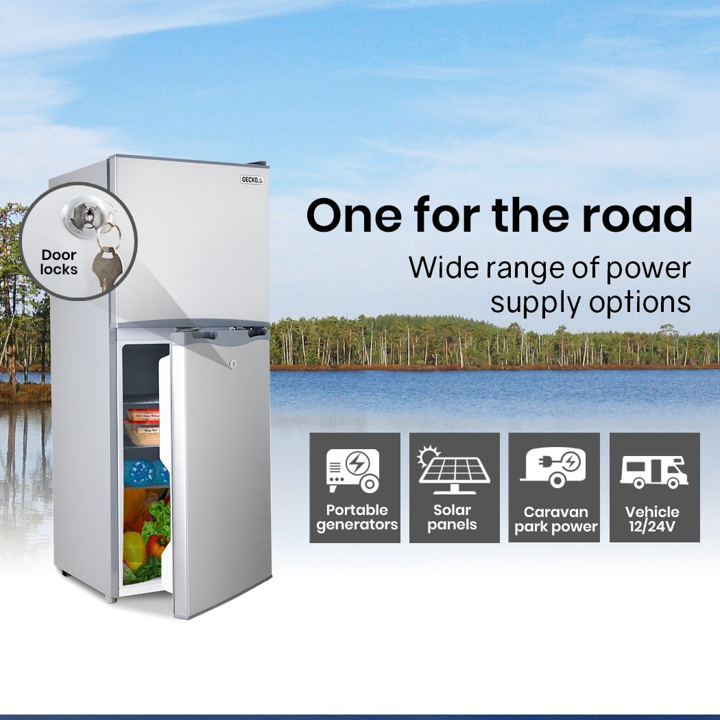 Camping Appliances: GECKO 125L Portable Upright Fridge, 12V/24V for Motorhome, Caravan, Silver