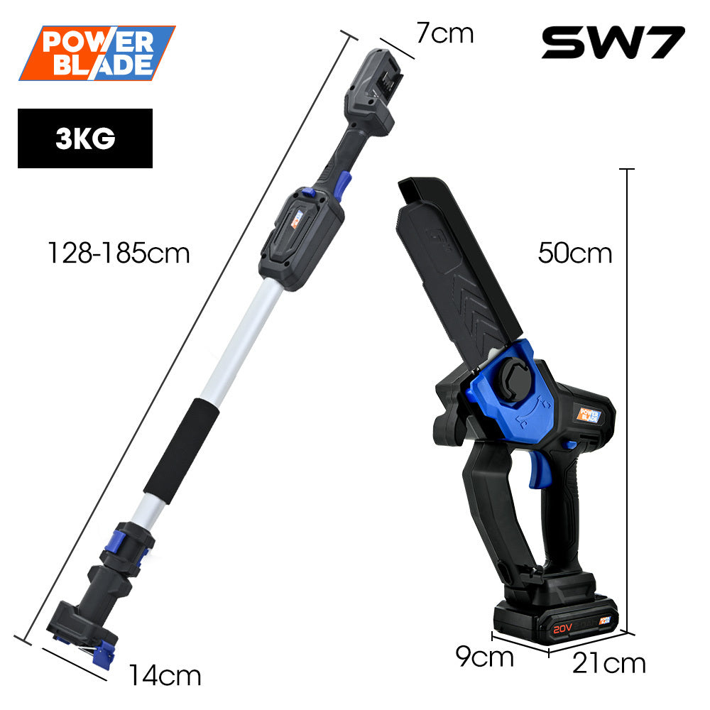 Chainsaws: POWERBLADE SW7 20V Cordless Convertible Mini Chainsaw Pole Saw Kit, Telescopic Electric Tree Pruner with Lithium Battery & Fast Charger