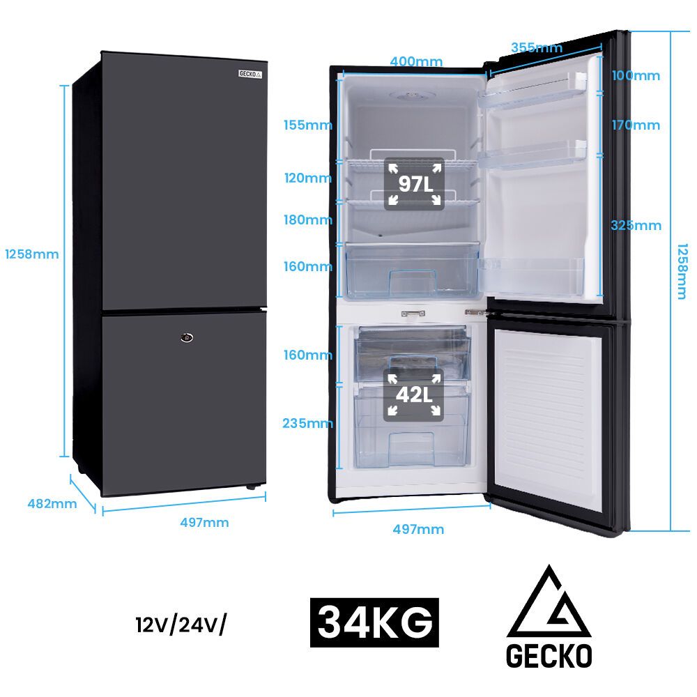 GECKO 139L Upright Portable Fridge / Freezer, 12V/24V for Motorhome, Tiny Home, Off-grid and Caravan, Black