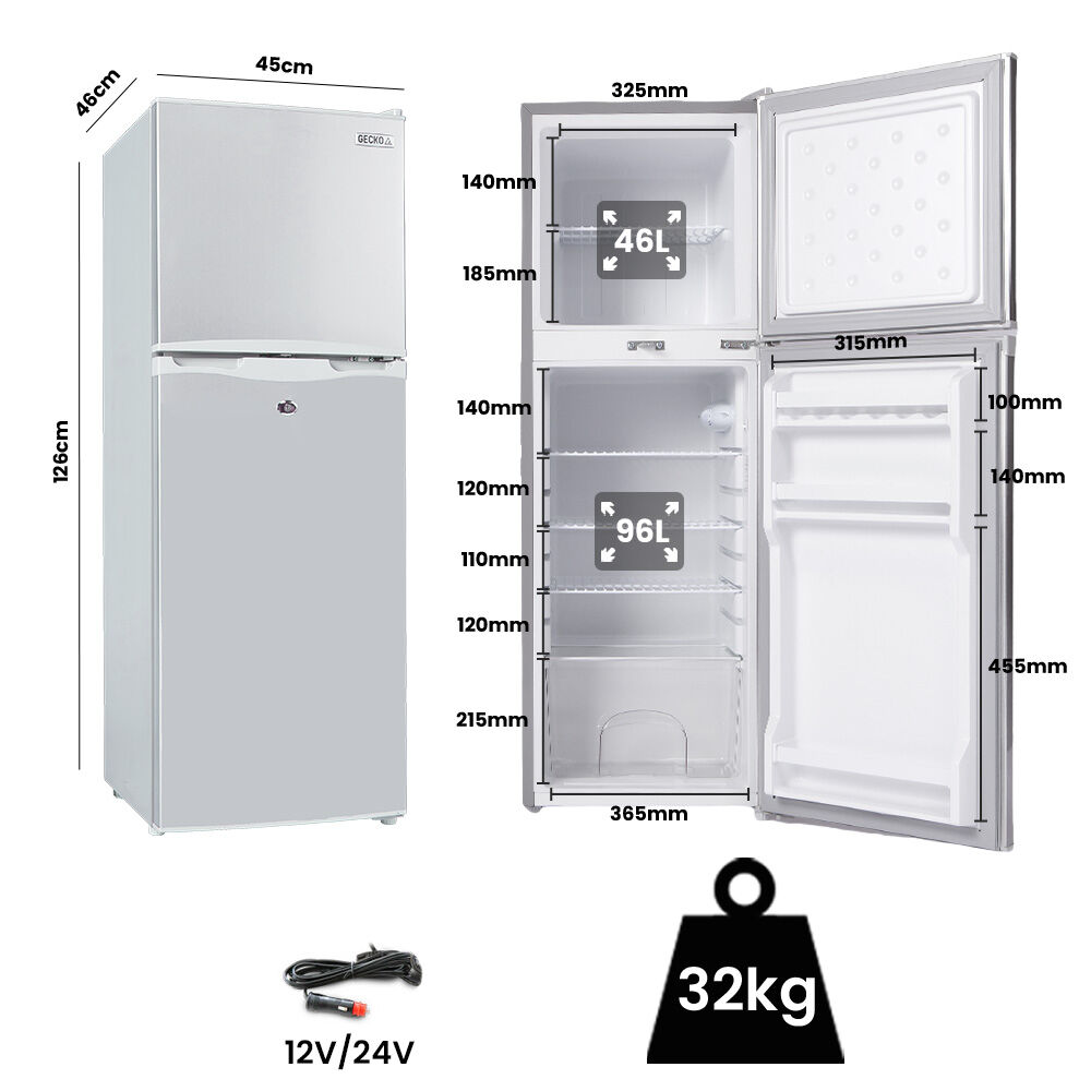 Camping Appliances: GECKO 142L Upright Portable Fridge / Freezer, 12V/24V for Motorhome and Caravan, Silver