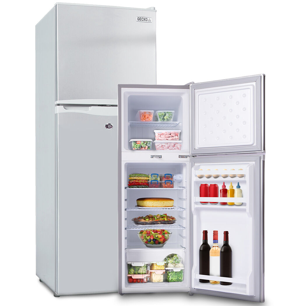 Camping Appliances: GECKO 142L Upright Portable Fridge / Freezer, 12V/24V for Motorhome and Caravan, Silver