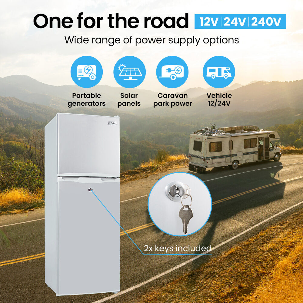 Camping Appliances: GECKO 142L Upright Portable Fridge / Freezer, 12V/24V for Motorhome and Caravan, Silver