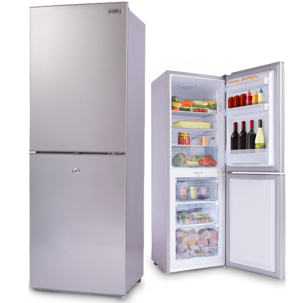 Camping Appliances: GECKO 160L Upright Portable Fridge / Freezer, 12V/24V for Motorhome and Caravan, Silver