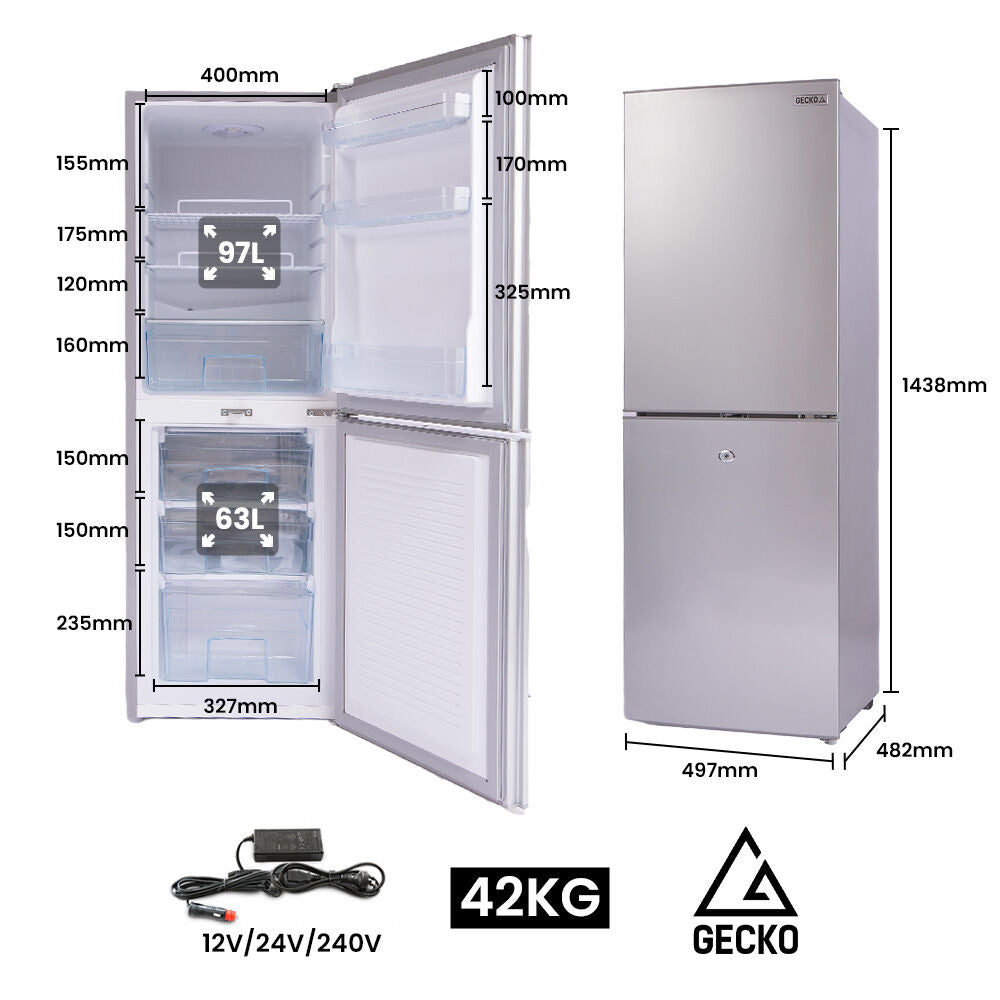 Camping Appliances: GECKO 160L Upright Portable Fridge / Freezer, 12V/24V for Motorhome and Caravan, Silver