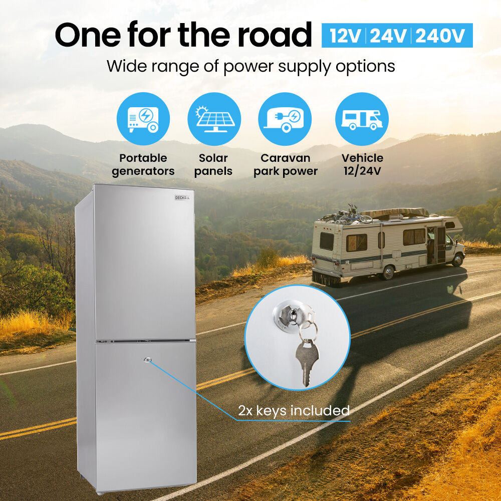 Camping Appliances: GECKO 160L Upright Portable Fridge / Freezer, 12V/24V for Motorhome and Caravan, Silver