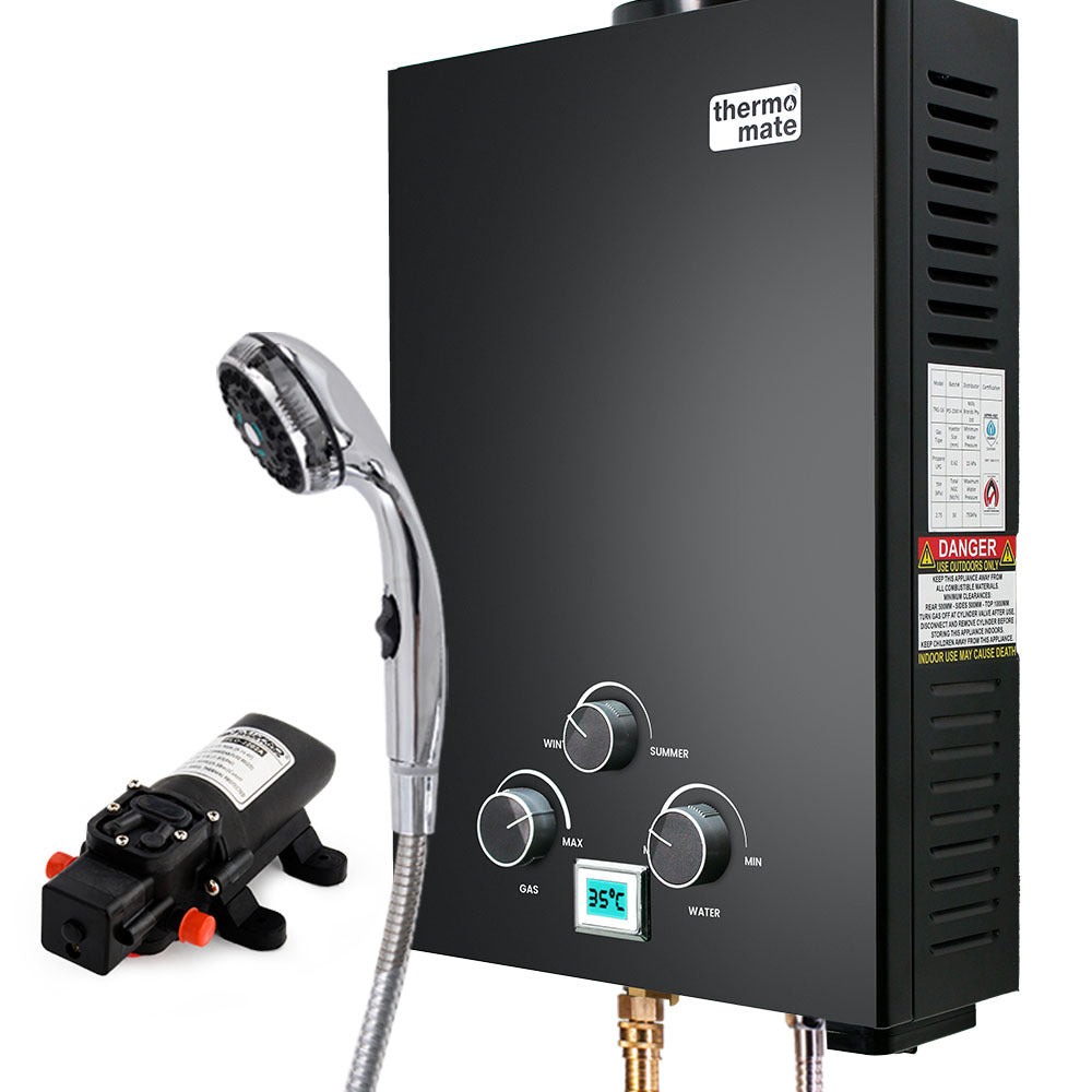 Portable Toilets & Showers: Thermomate Portable Gas Outdoor Camping Hot Water Heater System, with 12V Pump, Shower Head, Black