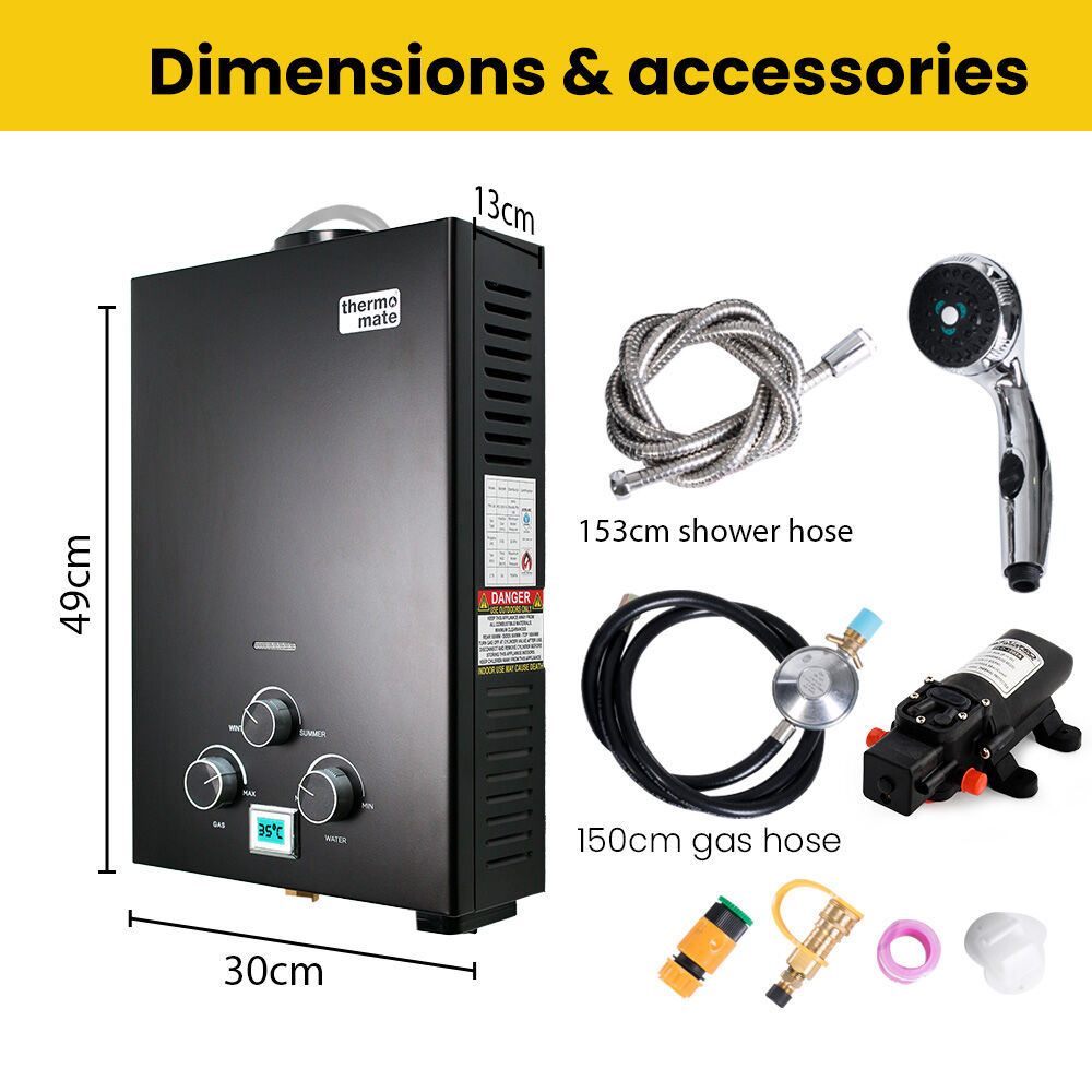 Portable Toilets & Showers: Thermomate Portable Gas Outdoor Camping Hot Water Heater System, with 12V Pump, Shower Head, Black