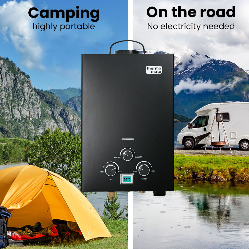 Portable Toilets & Showers: Thermomate Portable Gas Outdoor Camping Hot Water Heater System, with 12V Pump, Shower Head, Black