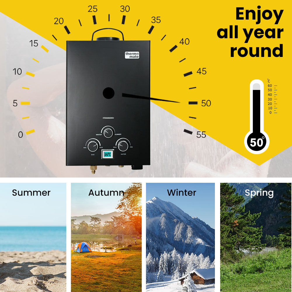 Portable Toilets & Showers: Thermomate Portable Gas Outdoor Camping Hot Water Heater System, with 12V Pump, Shower Head, Black