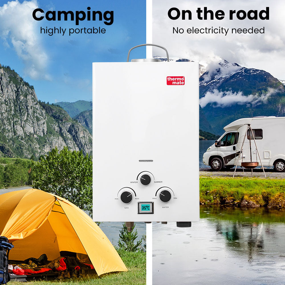 Portable Toilets & Showers: Thermomate Portable Gas Outdoor Camping Hot Water Heater System, with 12V Pump, Shower Head, White