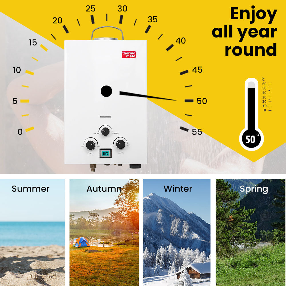 Portable Toilets & Showers: Thermomate Portable Gas Outdoor Camping Hot Water Heater System, with 12V Pump, Shower Head, White