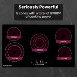 Cooktops & Stoves: EuroChef 90cm 5 Zone Ceramic Cooktop, 8900W Electric, FlexiZone Adjustable Size Hobs, Touch Controls