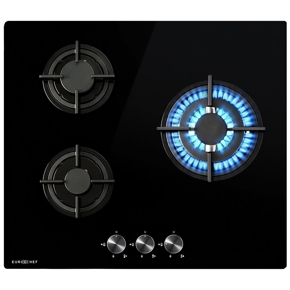 EUROCHEF 60cm 3 Burner Gas Cooktop, with Wok Burner, Tempered Glass, Natural Gas & LPG, Black