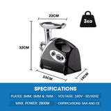 Speciality Appliances: EUROCHEF Electric Meat Grinder, Stainless Steel Mincer Sausage Filler Kibbe Maker, Black