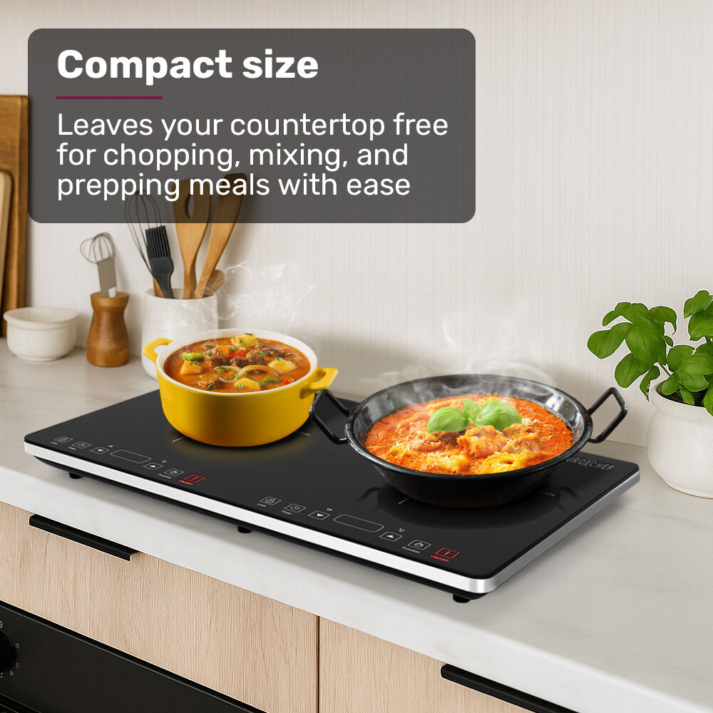 EUROCHEF Double Induction Benchtop Cooktop, 9 Heat Levels, Fast Electric Portable Cooker, Touch Controls, Standard 10A Power Plug