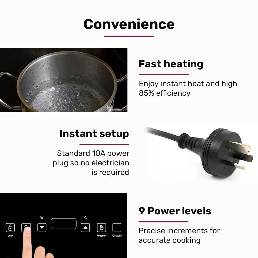 EUROCHEF Double Induction Benchtop Cooktop, 9 Heat Levels, Fast Electric Portable Cooker, Touch Controls, Standard 10A Power Plug