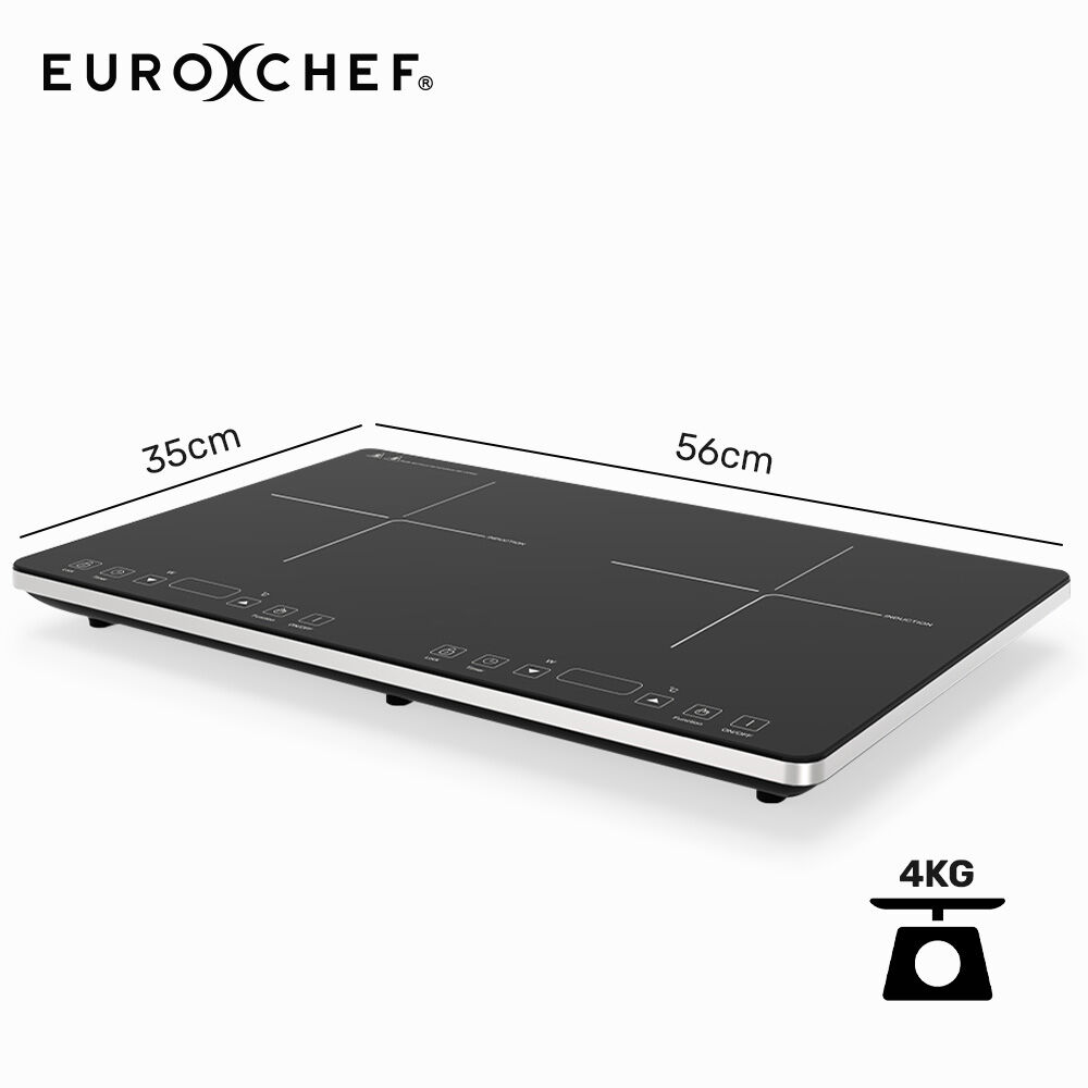EUROCHEF Double Induction Benchtop Cooktop, 9 Heat Levels, Fast Electric Portable Cooker, Touch Controls, Standard 10A Power Plug