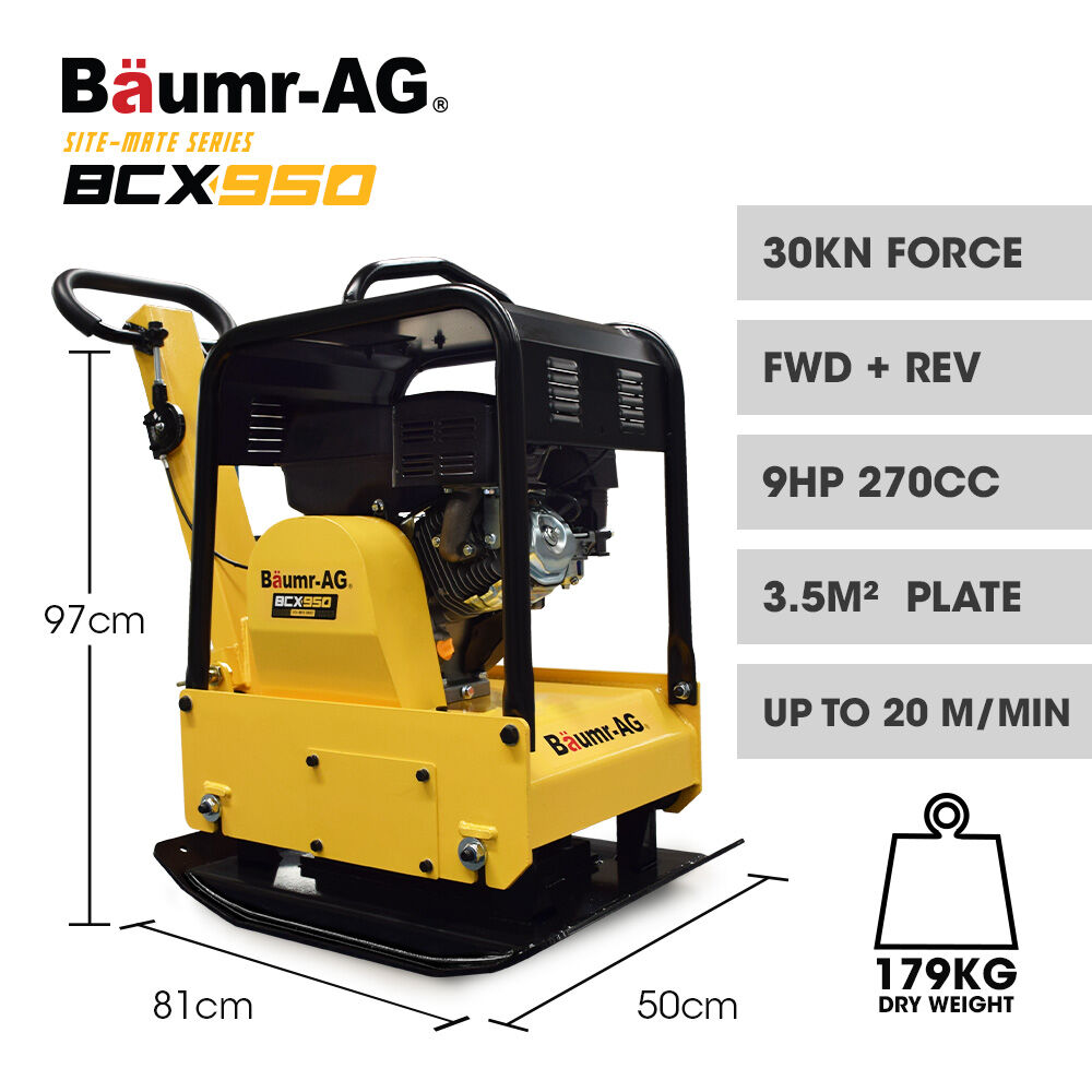 Outdoor Power Equipment: BAUMR-AG 185kg Reversible Vibratory Plate Compactor, Commercial 9HP 270cc, 500x700mm, Wheel Kit, for Sand Soil Gravel Asphalt (BCX-950)