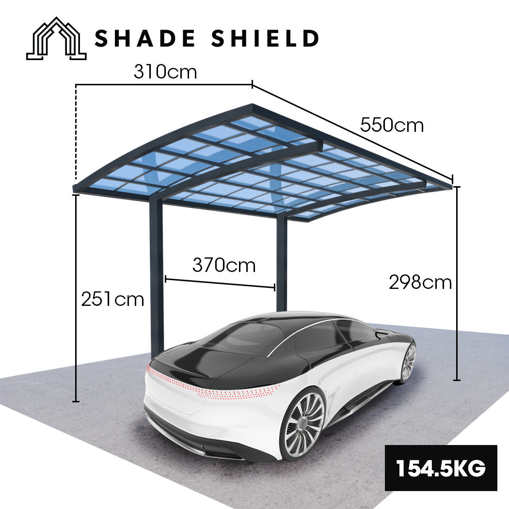 Canopies & Gazebos: SHADE SHIELD Single Cantilever Carport 3.0m x 5.5m x 3.5m, Aluminium Alloy Frame, Polycarbonate Roof, Shelter for Car or Outdoor Living