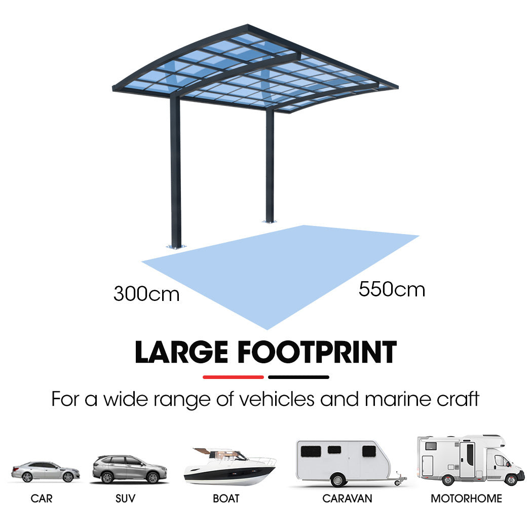 Canopies & Gazebos: SHADE SHIELD Single Cantilever Carport 3.0m x 5.5m x 3.5m, Aluminium Alloy Frame, Polycarbonate Roof, Shelter for Car or Outdoor Living