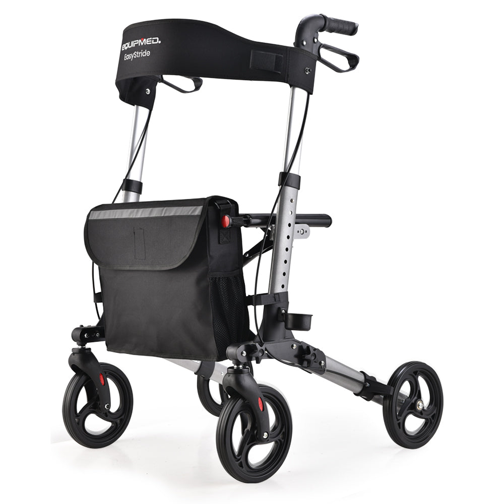 Mobility & Accessibility: EQUIPMED Foldable Aluminium Walking Frame Rollator with Bag and Seat, Silver