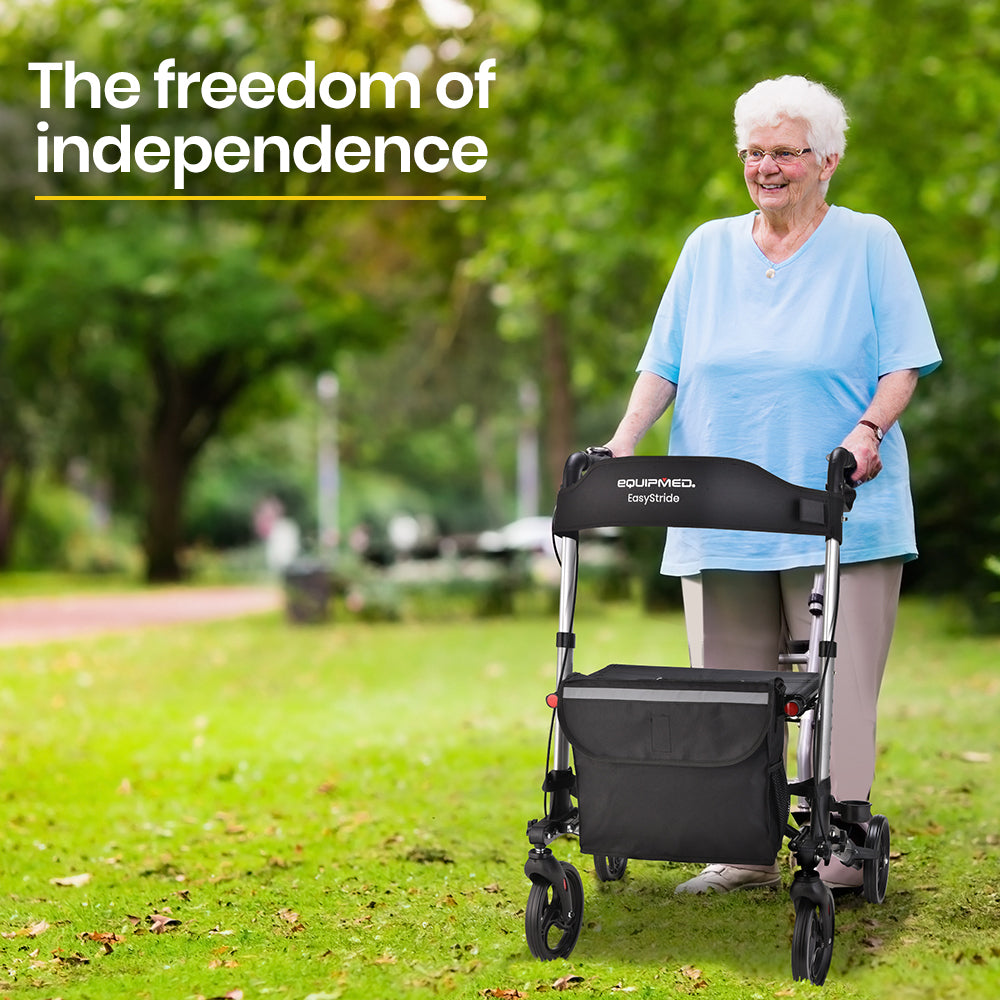 Mobility & Accessibility: EQUIPMED Foldable Aluminium Walking Frame Rollator with Bag and Seat, Silver