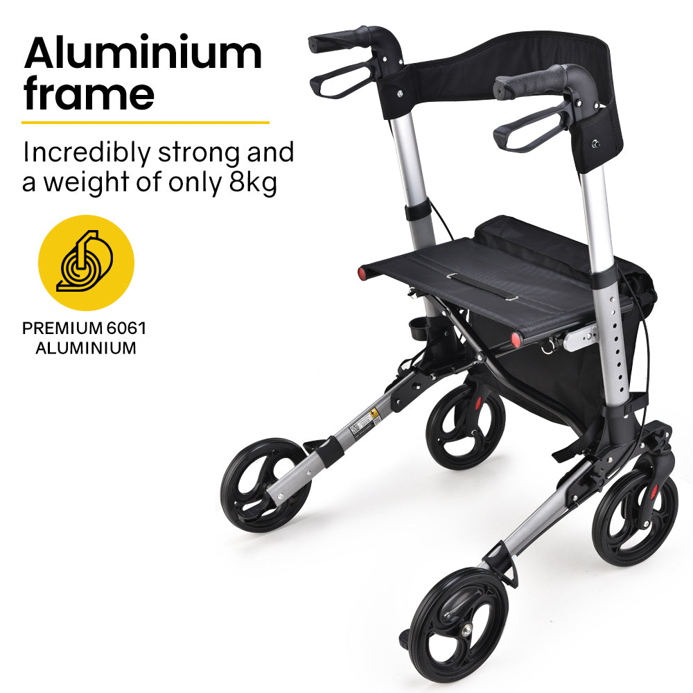 Mobility & Accessibility: EQUIPMED Foldable Aluminium Walking Frame Rollator with Bag and Seat, Silver