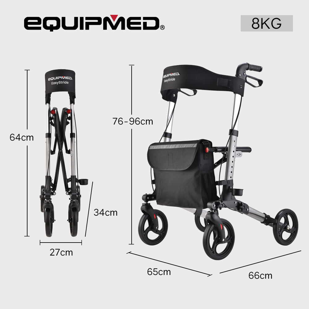 Mobility & Accessibility: EQUIPMED Foldable Aluminium Walking Frame Rollator with Bag and Seat, Silver