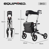 Mobility & Accessibility: EQUIPMED Foldable Aluminium Walking Frame Rollator with Bag and Seat, Silver