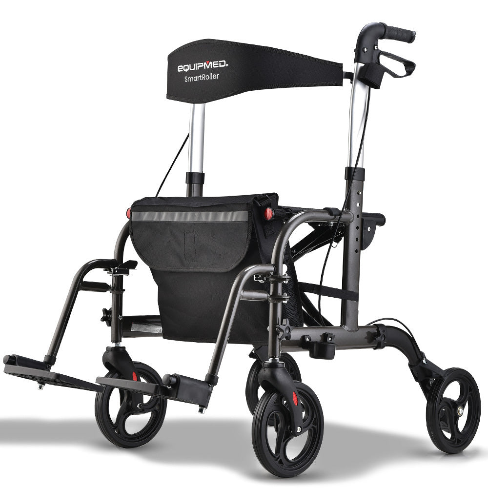 Mobility & Accessibility: EQUIPMED 2-in-1 Foldable Aluminium Walking Frame Rollator and Transit Wheelchair with Bag, Titanium colour