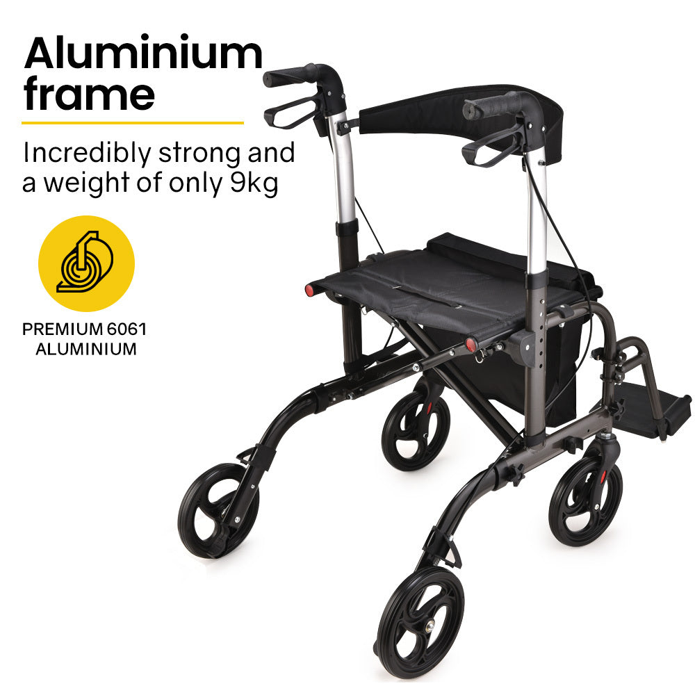 Mobility & Accessibility: EQUIPMED 2-in-1 Foldable Aluminium Walking Frame Rollator and Transit Wheelchair with Bag, Titanium colour