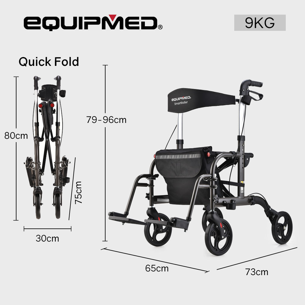 Mobility & Accessibility: EQUIPMED 2-in-1 Foldable Aluminium Walking Frame Rollator and Transit Wheelchair with Bag, Titanium colour