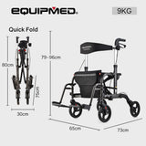 Mobility & Accessibility: EQUIPMED 2-in-1 Foldable Aluminium Walking Frame Rollator and Transit Wheelchair with Bag, Titanium colour