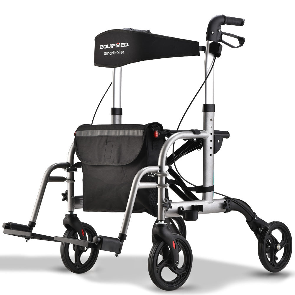 Mobility & Accessibility: EQUIPMED 2-in-1 Folding Rollator Wheelchair Adjustable Mobility Walker w/ Park Brakes & Bag, Silver