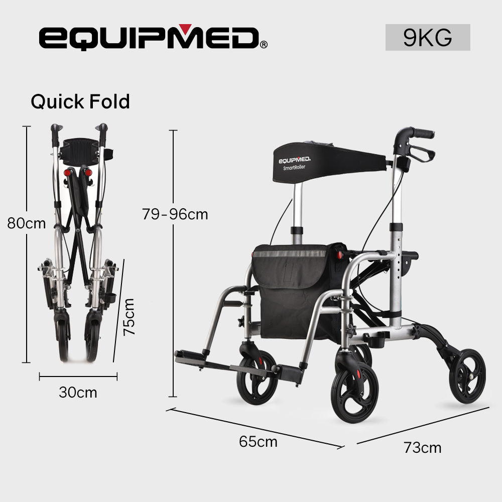 Mobility & Accessibility: EQUIPMED 2-in-1 Folding Rollator Wheelchair Adjustable Mobility Walker w/ Park Brakes & Bag, Silver
