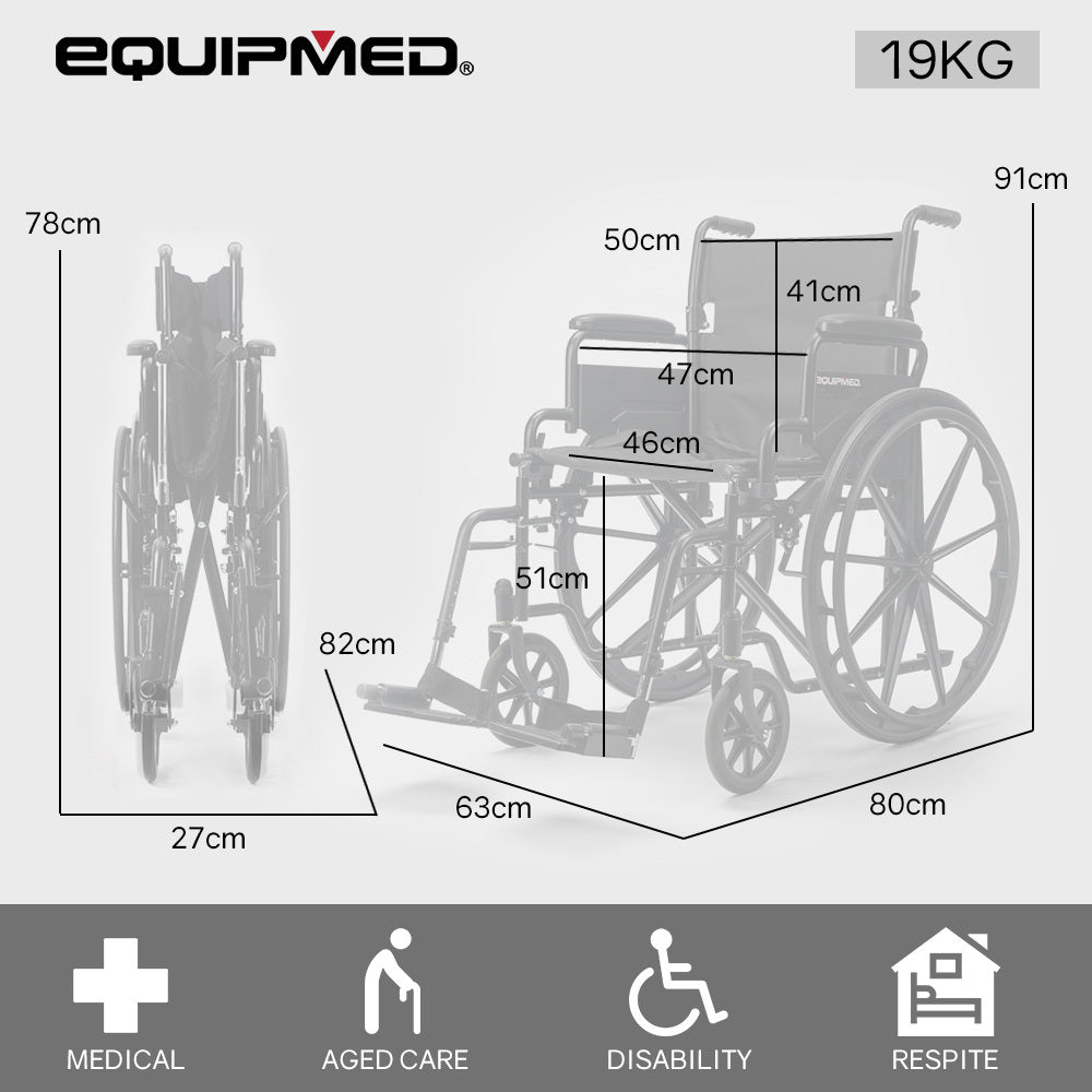 Mobility & Accessibility: EQUIPMED Portable Folding Wheelchair 24 Inch 136kg Capacity Wheel Chair Retractable Armrests, Black