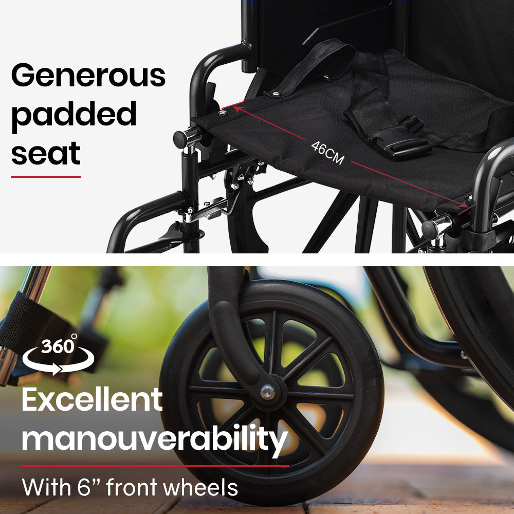 Mobility & Accessibility: EQUIPMED Portable Folding Wheelchair 24 Inch 136kg Capacity Wheel Chair Retractable Armrests, Black