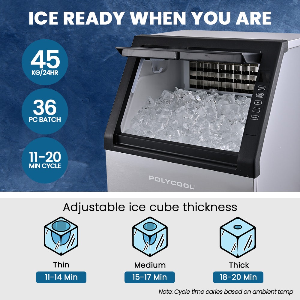 POLYCOOL Commercial Ice Maker Machine, up to 45kg/24hr, Timer & Self Cleaning Programs