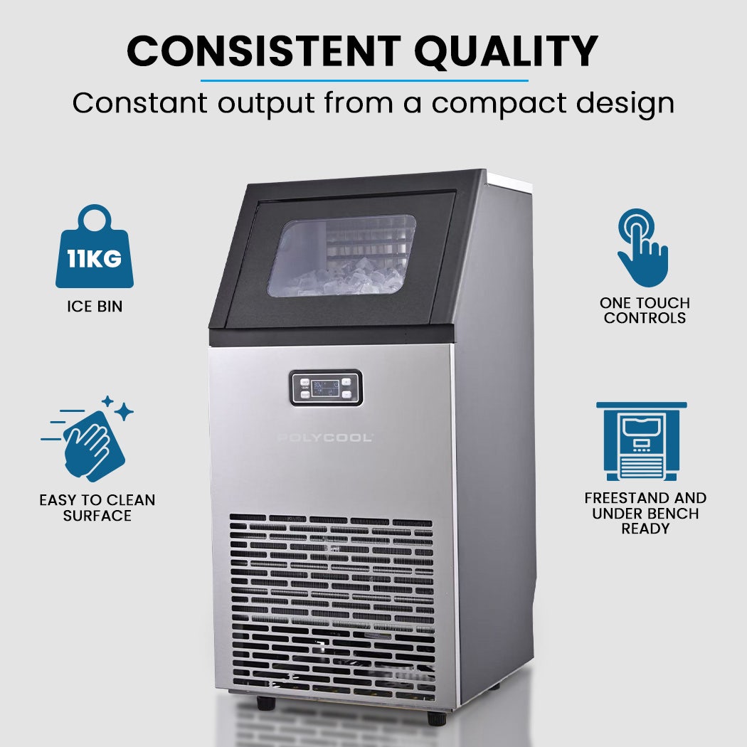 POLYCOOL Commercial Ice Maker Machine, up to 60kg/24hr, Timer & Self Cleaning Programs