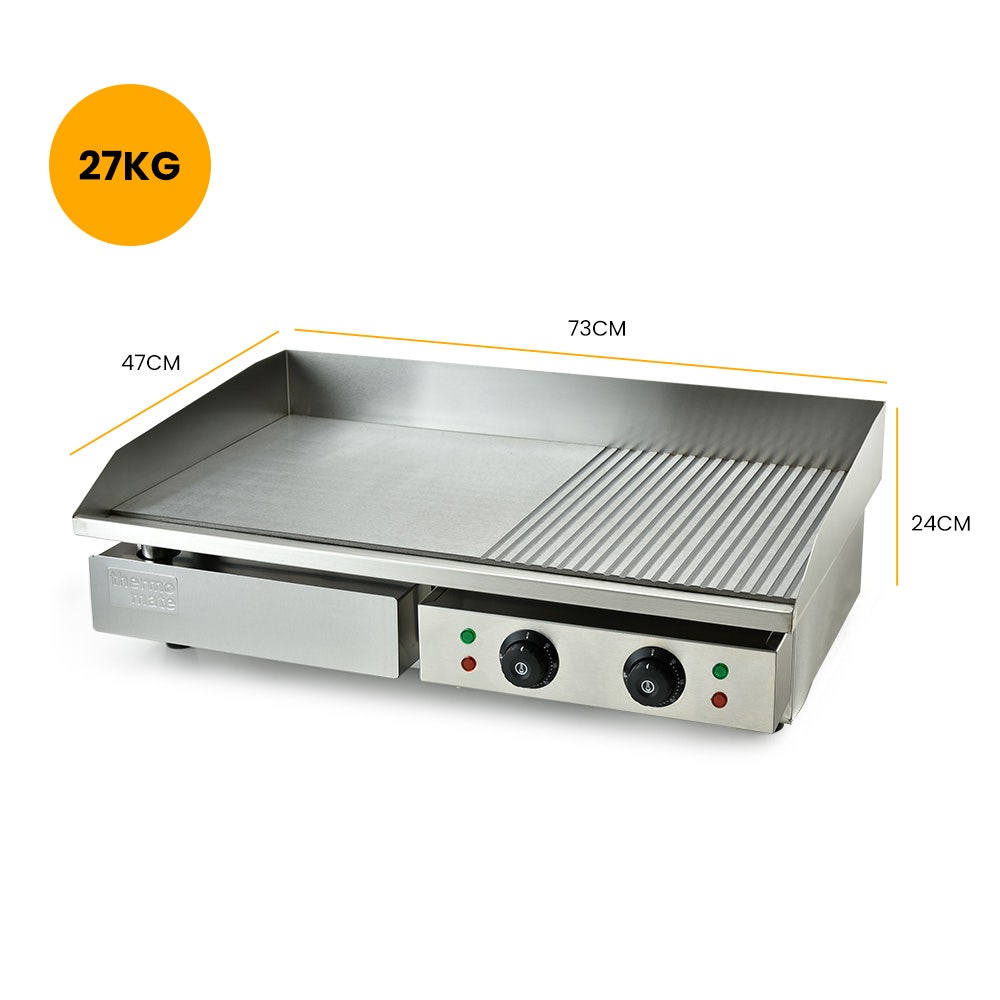 THERMOMATE Commercial Electric Griddle TH-G06, 4400W 73x40cm Half Ribbed Dual Surface