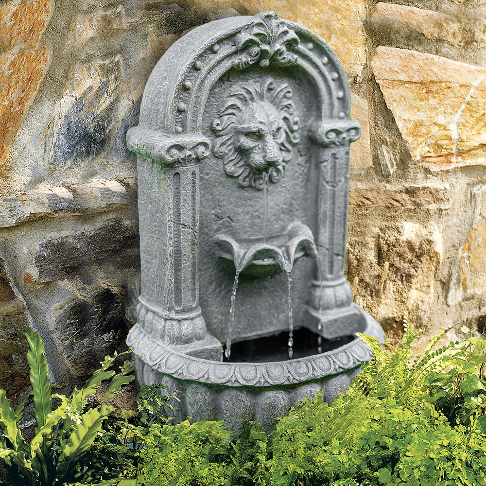 Fountains & Ponds: PROTEGE Lion Head Solar Powered Water Feature Fountain, Traditional Design, with Panel Kit, LED Lights