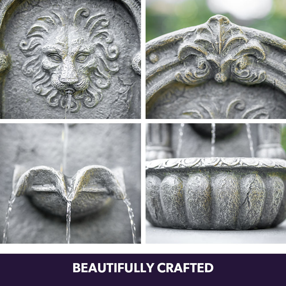 Fountains & Ponds: PROTEGE Lion Head Solar Powered Water Feature Fountain, Traditional Design, with Panel Kit, LED Lights