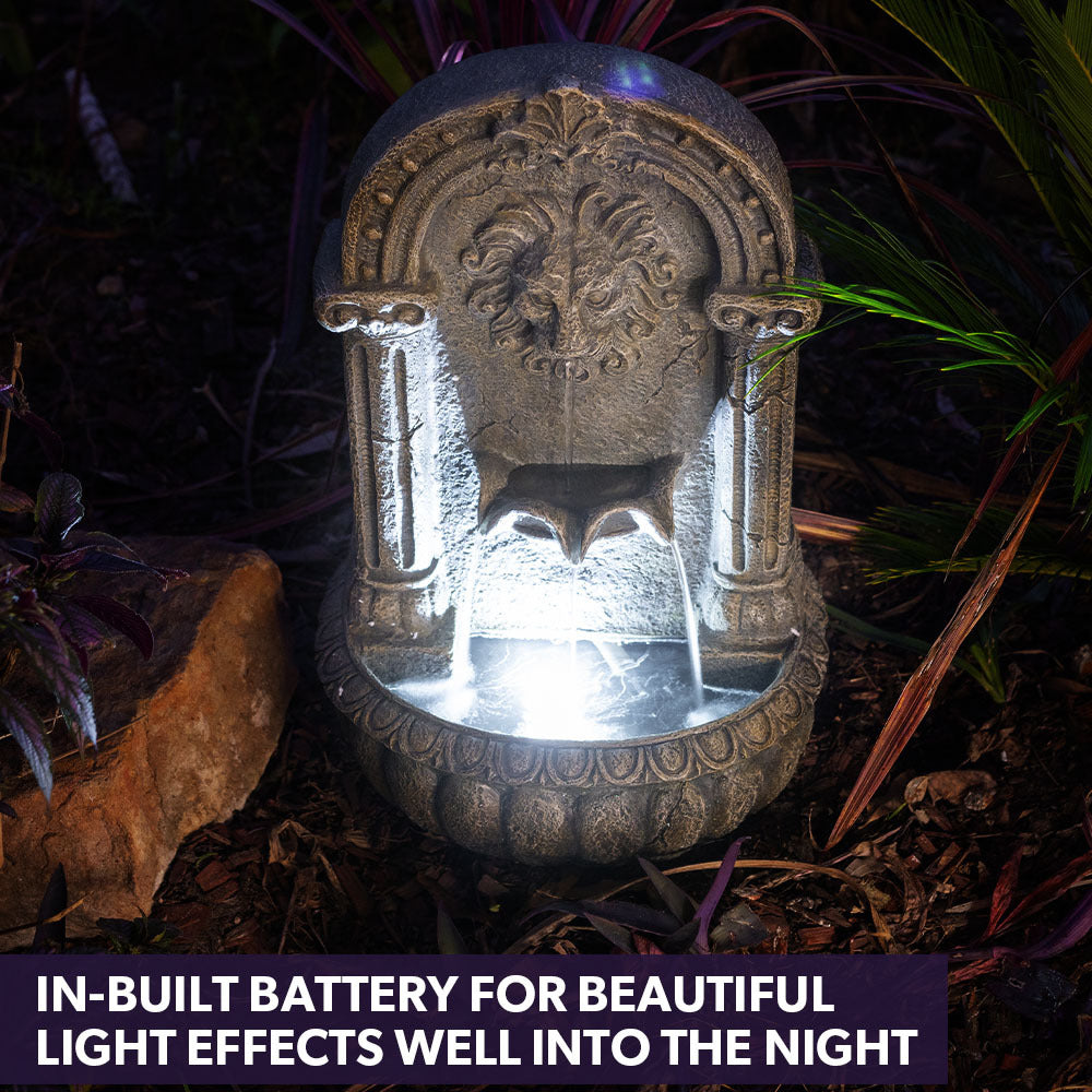 Fountains & Ponds: PROTEGE Lion Head Solar Powered Water Feature Fountain, Traditional Design, with Panel Kit, LED Lights