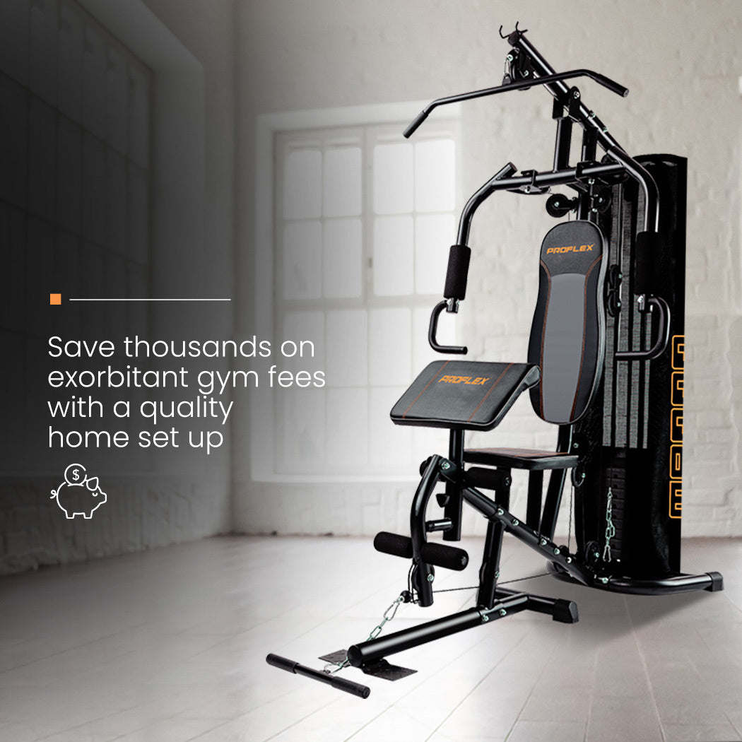 Weightlifting Machines & Racks: PROFLEX Multi-Station Home Gym Set with 98lbs Weight Plates- M8000