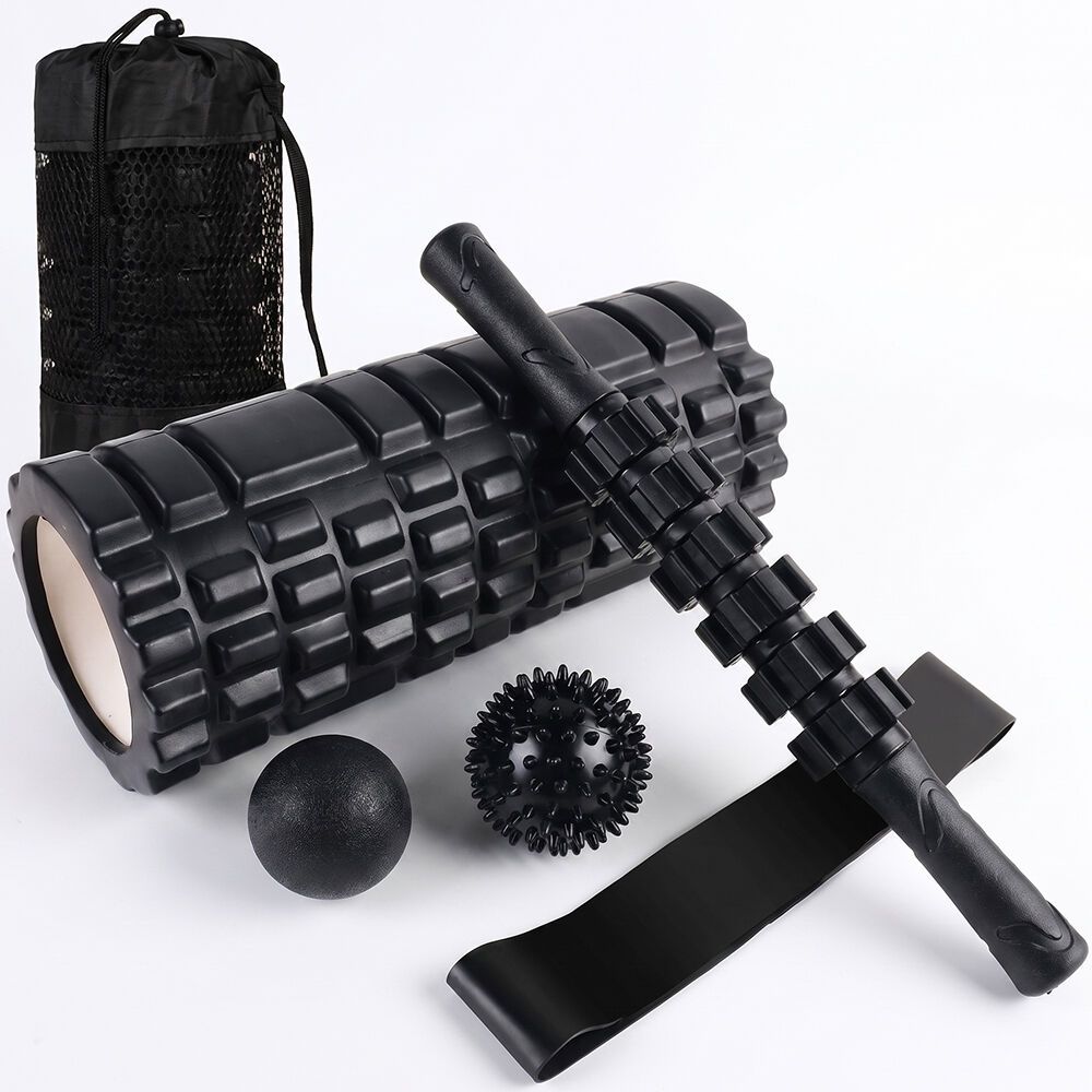 PROFLEX 6-Piece Foam Roller & Massage Set with Massage Stick, Black