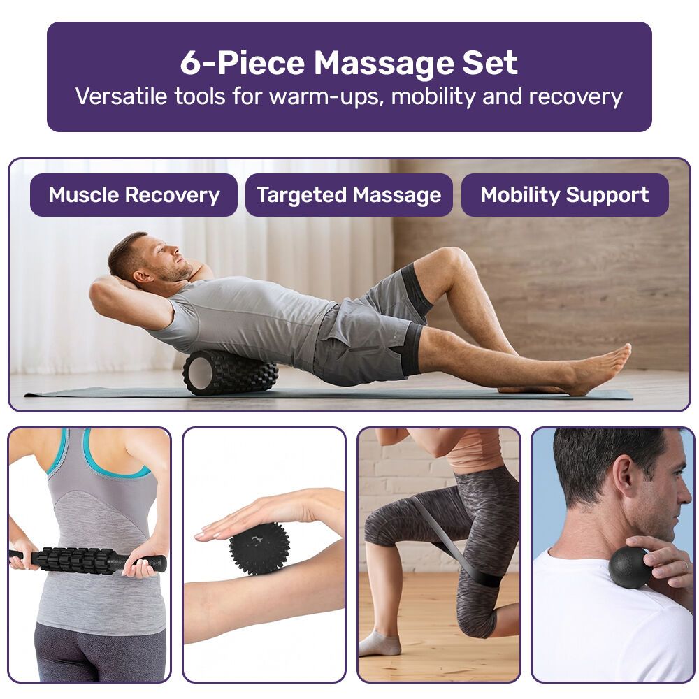 PROFLEX 6-Piece Foam Roller & Massage Set with Massage Stick, Black